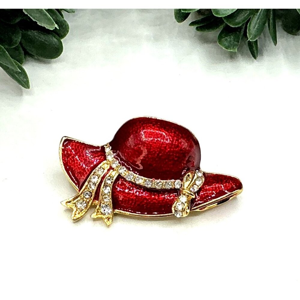 Red Enamel and Rhinestone Hat-Shaped Brooch Pin Gold-Tone Vintage Jewelry